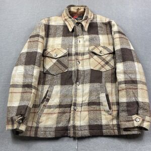 VINTAGE Sears Jacket Mens Large Plaid Wool Blend Faux Fur Lined Chore Outerwear